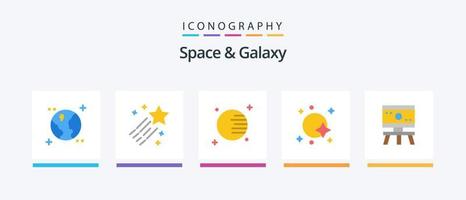 paquete de iconos de espacio y galaxia plana 5 que incluye ciencia. átomo. planeta. astronave. satélite. diseño de iconos creativos vector