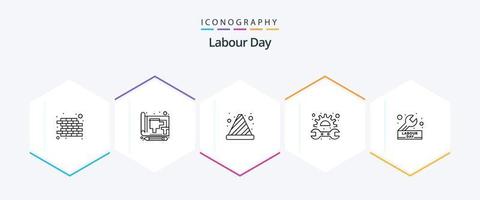 paquete de iconos de 25 líneas del día del trabajo que incluye construcción. llave. cono. reparar. engranaje vector