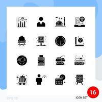 Set of 16 Commercial Solid Glyphs pack for car coding moon code app Editable Vector Design Elements