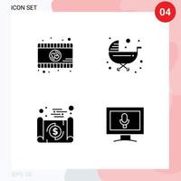 4 Universal Solid Glyphs Set for Web and Mobile Applications romantic movie document baby stroller money Editable Vector Design Elements