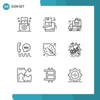 paquete de 9 signos y símbolos de contornos modernos para medios de impresión web, como hojas de comida, camiones, ayuda a la comunicación, elementos de diseño de vectores editables