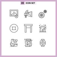 Group of 9 Outlines Signs and Symbols for stool home tires furniture beliefs Editable Vector Design Elements