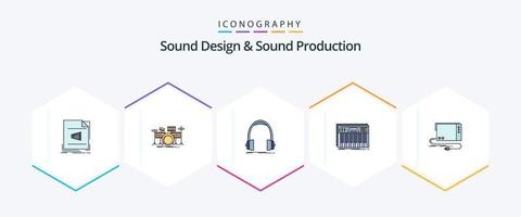 diseño de sonido y producción de sonido Paquete de 25 íconos de línea completa que incluye teclas. controlador. equipo. estudio. auriculares vector