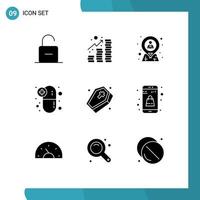 9 User Interface Solid Glyph Pack of modern Signs and Symbols of medications drugs coins capsule location Editable Vector Design Elements