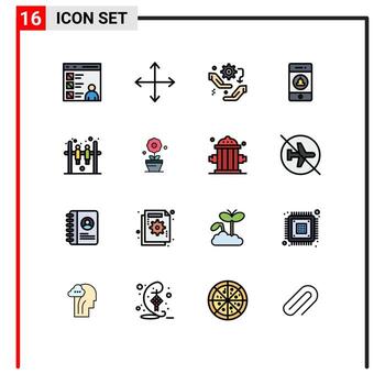 grupo de 16 líneas modernas llenas de color plano establecidas para señalización web opuestas configuración de notificación elementos de diseño de vectores creativos editables