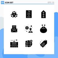 Mobile Interface Solid Glyph Set of 9 Pictograms of video player message learning mail tag Editable Vector Design Elements