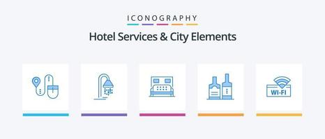 servicios de hotel y elementos de la ciudad paquete de iconos azul 5 que incluye wifi. botellas hotel . botella alcohol. diseño de iconos creativos vector