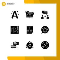 Set of 9 Commercial Solid Glyphs pack for text audio secure disk music Editable Vector Design Elements