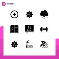 Pictogram Set of 9 Simple Solid Glyphs of internet dum furniture gym player Editable Vector Design Elements