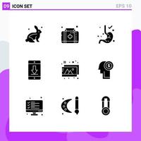 User Interface Pack of 9 Basic Solid Glyphs of photos design gastroenterology mobile devices Editable Vector Design Elements