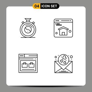 Mobile Interface Line Set of 4 Pictograms of clock web practice web bag Editable Vector Design Elements