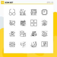 Group of 16 Modern Outlines Set for heart processor presentation motherboard circuit board Editable Vector Design Elements