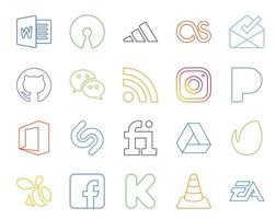 paquete de 20 íconos de redes sociales que incluye facebook envato rss google drive shazam vector