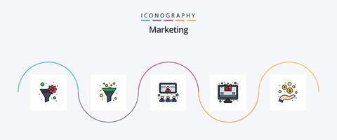 la línea de marketing llenó el paquete de iconos planos 5 que incluye dinero. mano. conferencia. crecimiento. análisis vector