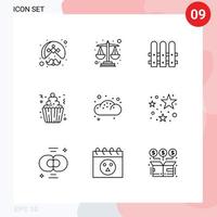 Modern Set of 9 Outlines Pictograph of bread party construction cupcakes cream Editable Vector Design Elements