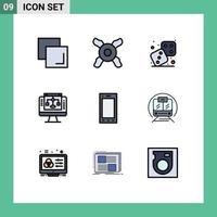 Modern Set of 9 Filledline Flat Colors Pictograph of speed train phone play ipad computer Editable Vector Design Elements