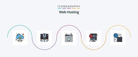 la línea de alojamiento web llenó el paquete de iconos planos 5 que incluye global. web. hospedaje Servicio. error vector