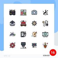 16 User Interface Flat Color Filled Line Pack of modern Signs and Symbols of bed mail camera mail wheel chair Editable Creative Vector Design Elements