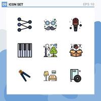 Group of 9 Modern Filledline Flat Colors Set for city sound microphone piano keyboard Editable Vector Design Elements
