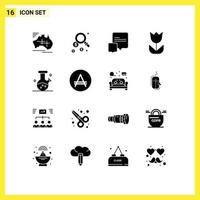 Modern Set of 16 Solid Glyphs Pictograph of potion demo flask chat photo flower Editable Vector Design Elements