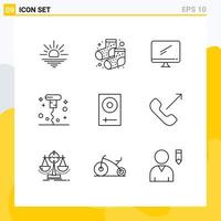Pack of 9 Modern Outlines Signs and Symbols for Web Print Media such as devices opened monitor miscellaneous bottle Editable Vector Design Elements