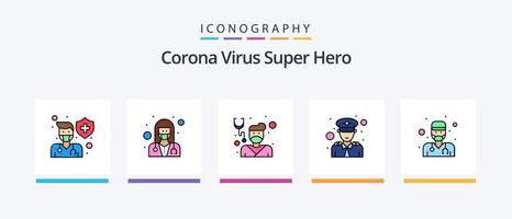 La línea de superhéroes del virus de la corona llenó un paquete de 5 íconos, incluido el ejército. ejército. farmacéutico. masculino. científico. diseño de iconos creativos vector