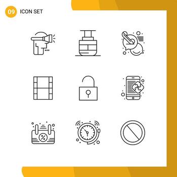 Modern Set of 9 Outlines Pictograph of user interface lock call filam video Editable Vector Design Elements