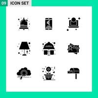 Pack of 9 Modern Solid Glyphs Signs and Symbols for Web Print Media such as chemical test laptop lighting home lamp Editable Vector Design Elements