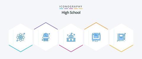 paquete de iconos azules de la escuela secundaria 25 que incluye lápiz. Nota. educación. libro. prueba vector