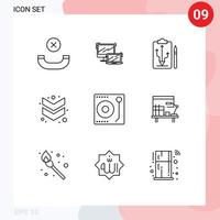 Editable Vector Line Pack of 9 Simple Outlines of media down head chevron think Editable Vector Design Elements