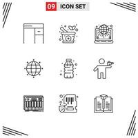 Universal Icon Symbols Group of 9 Modern Outlines of food bottle net world global Editable Vector Design Elements