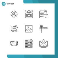 9 User Interface Outline Pack of modern Signs and Symbols of education picture dye frame shopping Editable Vector Design Elements