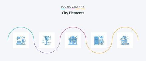 paquete de iconos azul 5 de elementos de la ciudad que incluye puesto. oficina. hotel. casa. edificio vector