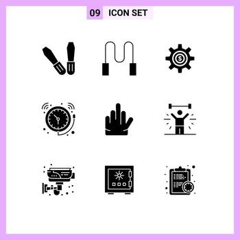 Group of 9 Modern Solid Glyphs Set for stop gesture dollar watch clock Editable Vector Design Elements