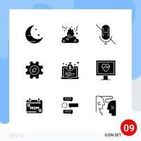 9 Thematic Vector Solid Glyphs and Editable Symbols of bag laptop mic environment ecology Editable Vector Design Elements