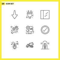 Outline Pack of 9 Universal Symbols of tick product development mind brain Editable Vector Design Elements