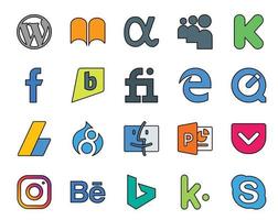 Paquete de 20 íconos de redes sociales que incluye anuncios de buscador de powerpoint de instagram y fiverr vector