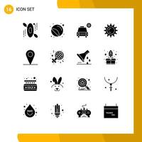 16 Universal Solid Glyphs Set for Web and Mobile Applications interface location car light sun Editable Vector Design Elements