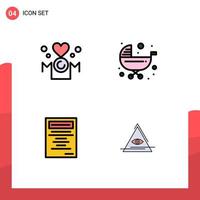 conjunto de color plano de línea de relleno de interfaz móvil de 4 pictogramas de elementos de diseño de vector editables de educación de niños de amor de carro de mamá