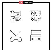 Mobile Interface Line Set of 4 Pictograms of mic missed program flag card Editable Vector Design Elements