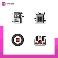 Mobile Interface Filledline Flat Color Set of 4 Pictograms of art basic graphic dustbin user Editable Vector Design Elements