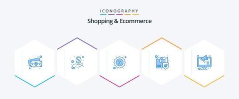 compras y comercio electrónico 25 paquete de iconos azules que incluye tienda. marketing. venta. caja. seguro vector