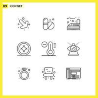 Pack of 9 Modern Outlines Signs and Symbols for Web Print Media such as temperature climate train pie dessert Editable Vector Design Elements