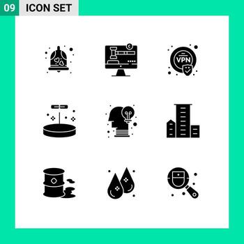 Universal Icon Symbols Group of 9 Modern Solid Glyphs of idea brain encryption science education Editable Vector Design Elements