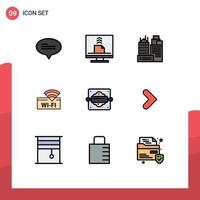 Mobile Interface Filledline Flat Color Set of 9 Pictograms of baking device building service hotel Editable Vector Design Elements