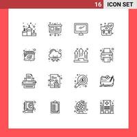 Outline Pack of 16 Universal Symbols of date shield monitor security handbag Editable Vector Design Elements