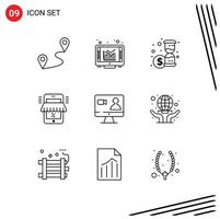 Editable Vector Line Pack of 9 Simple Outlines of internet job money shopping shop Editable Vector Design Elements