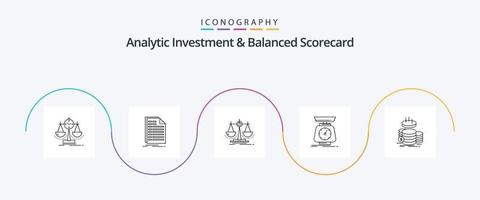 paquete de iconos de línea 5 de inversión analítica y cuadro de mando integral que incluye escala. implementación. factura. escala. justicia vector