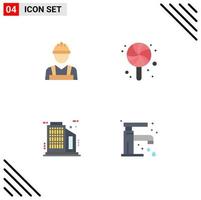 4 iconos planos universales establecidos para aplicaciones web y móviles trabajo hombre rascacielos trabajador caramelo grifo elementos de diseño vectorial editables vector