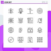 Modern Set of 16 Outlines Pictograph of globe interface needle gear eye Editable Vector Design Elements